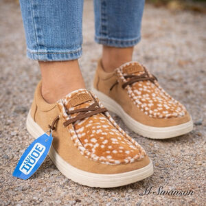 NEW Hey Dude Wendy Comf Luxe Tan Cow Print Slip-On Shoes Size W7/7.5 | EU 38 NWT